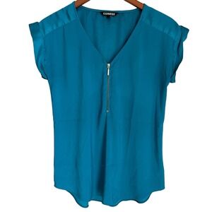 Express Green Blue Blouse Zip V-Neck Cap Sleeve Office Professional Women's S